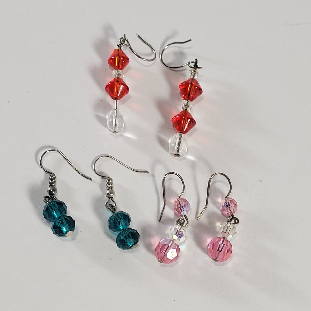 Handmade Beaded Drop Earrings Lot of 3 Multicolored Crystal Jewelry